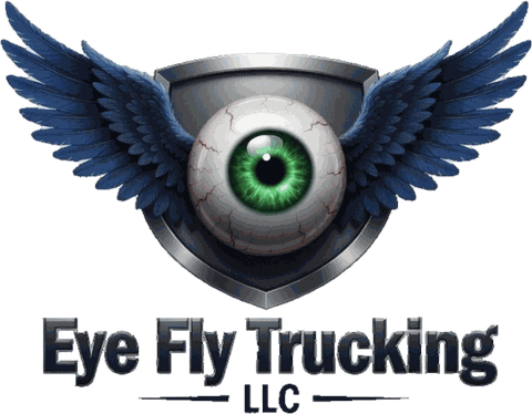 Eye Fly Trucking LLC logo: a winged green eye on a steel shield